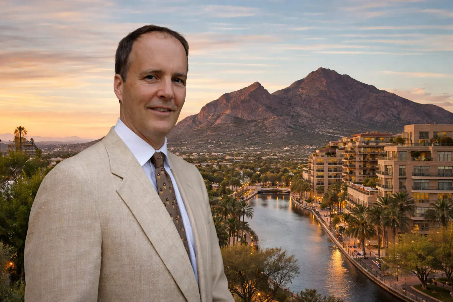 Clifford F. Boyle photographed outdoors at sunset, a mountain and waterfront skyline behind him.