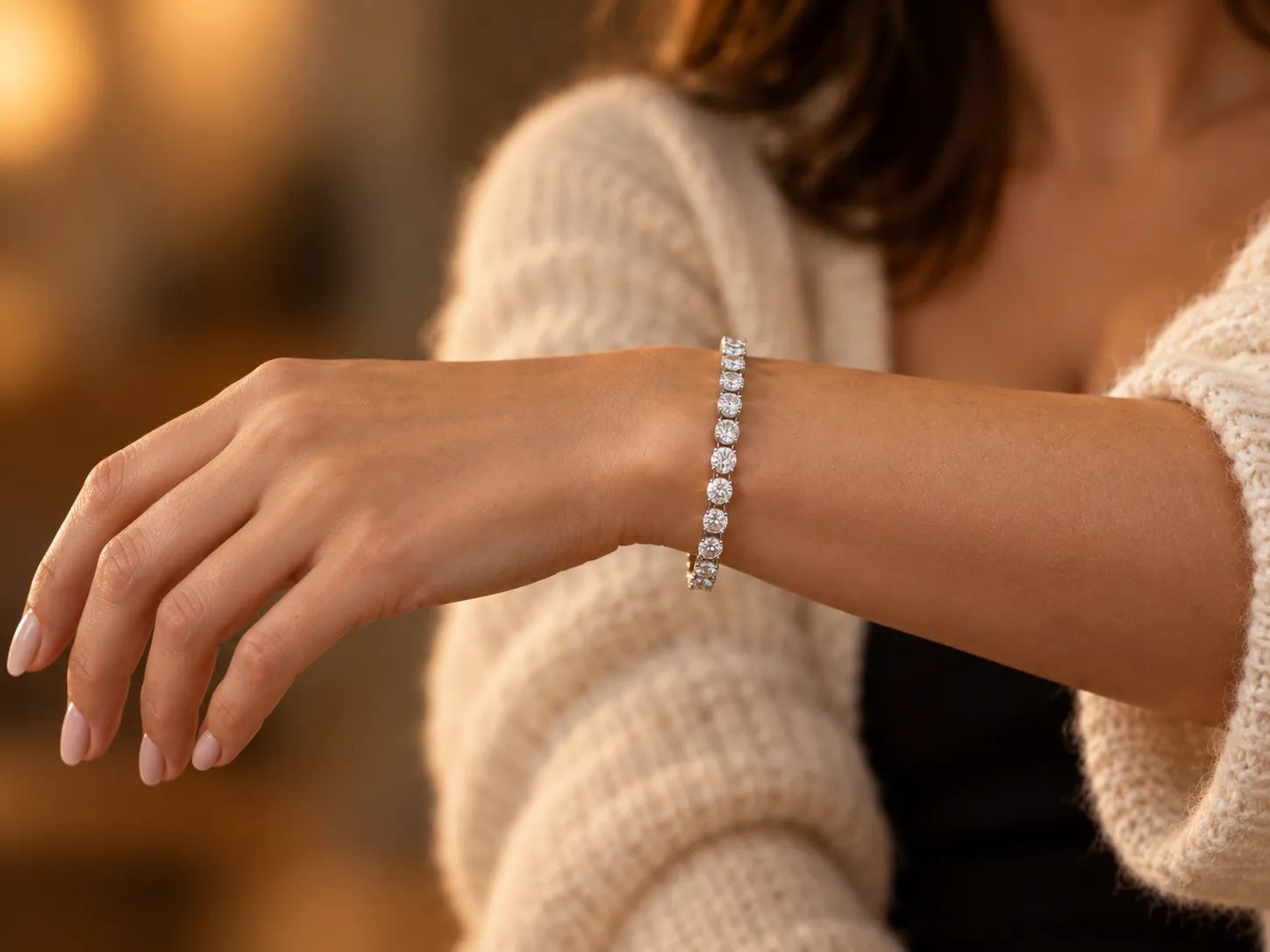 A diamond tennis bracelet worn on a wrist, set against a warm, softly blurred background.